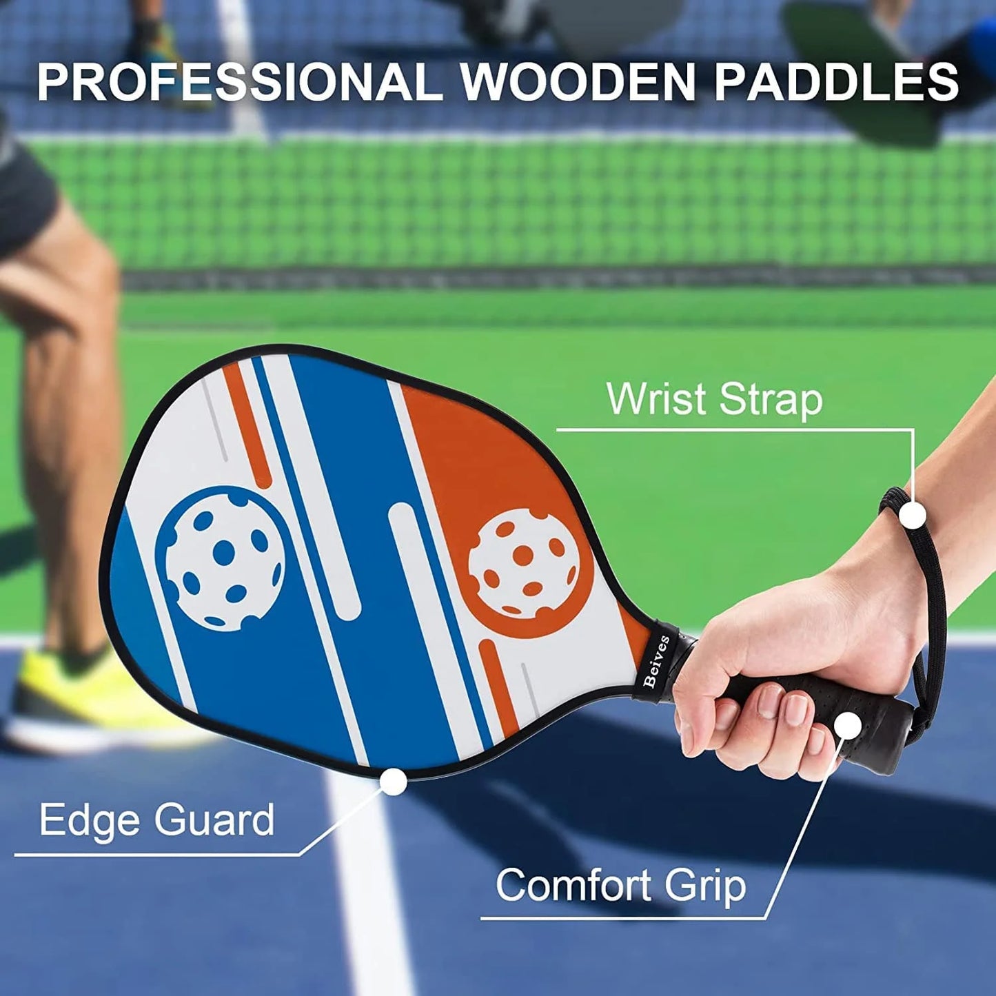Professional Wood Pickleball Paddle Set - Includes 4 Rackets and 6 Indoor/Outdoor Balls