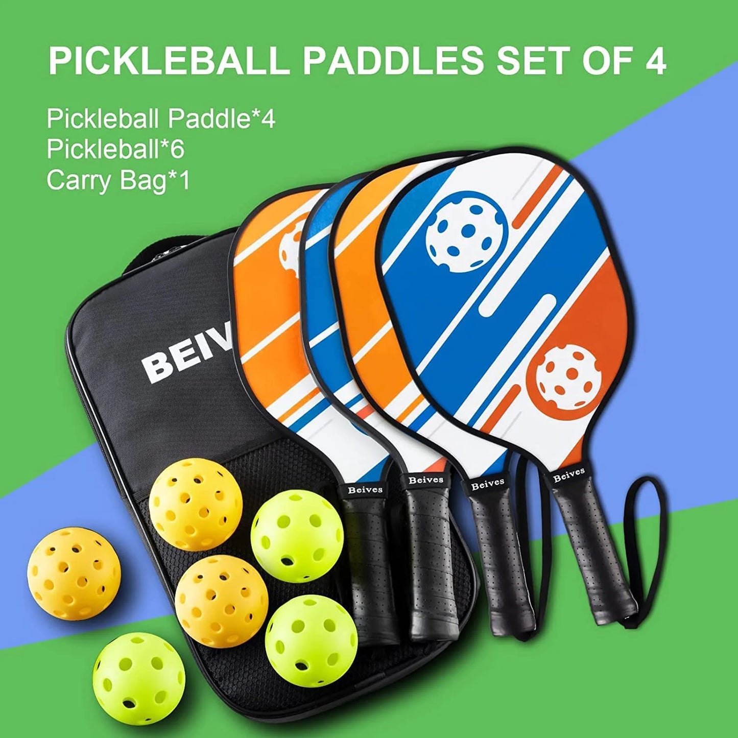 Professional Wood Pickleball Paddle Set - Includes 4 Rackets and 6 Indoor/Outdoor Balls